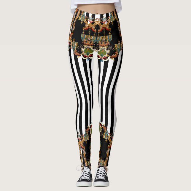 Modern cross stitch and black and white stripes  leggings (Front)