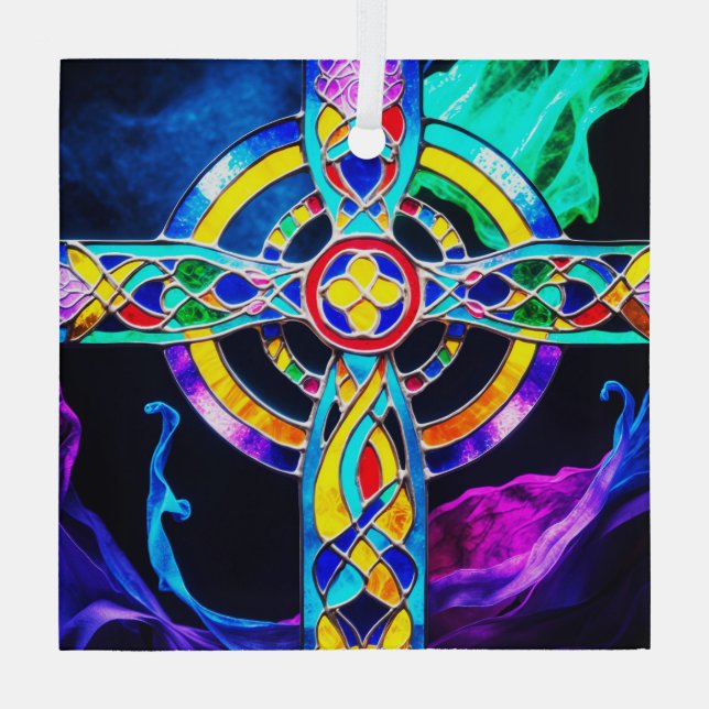 Modern Cross Vibrant Colours Suncatcher  Glass Tree Decoration (Back)