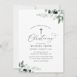 modern cross watercolor greenery christening invitation