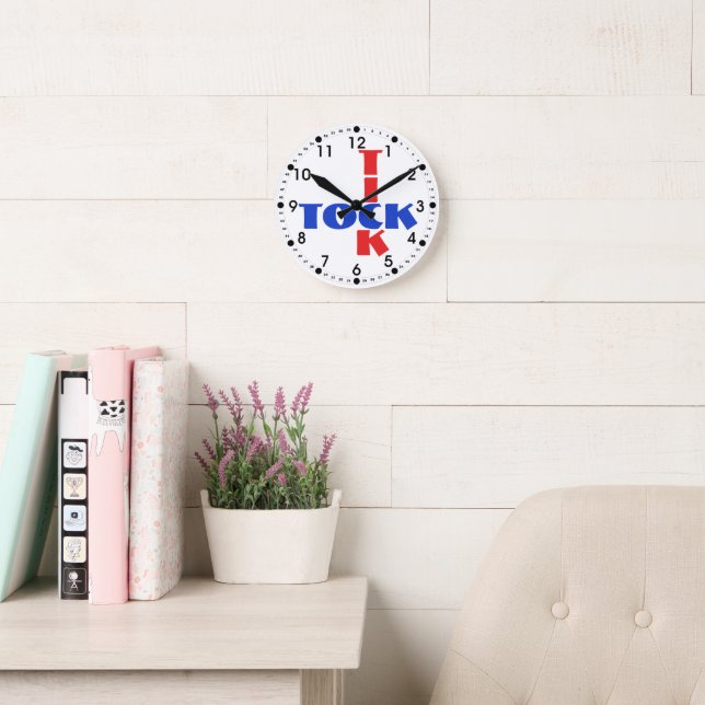 Modern Crossword Tick Tock Typography Red Blue Round Clock (Reading Room)