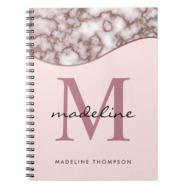 Modern Crusted Rose Gold Marble Monogram Notebook (Front)