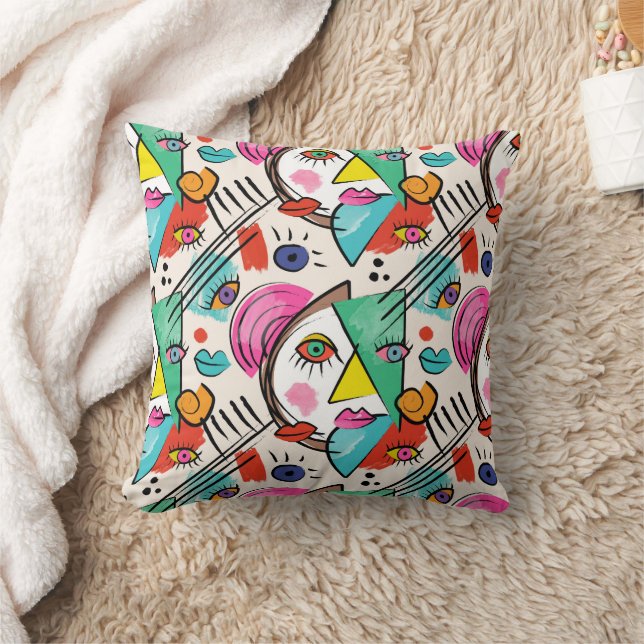 Modern Cubism Abstract Artsy Female Faces Cushion (Blanket)