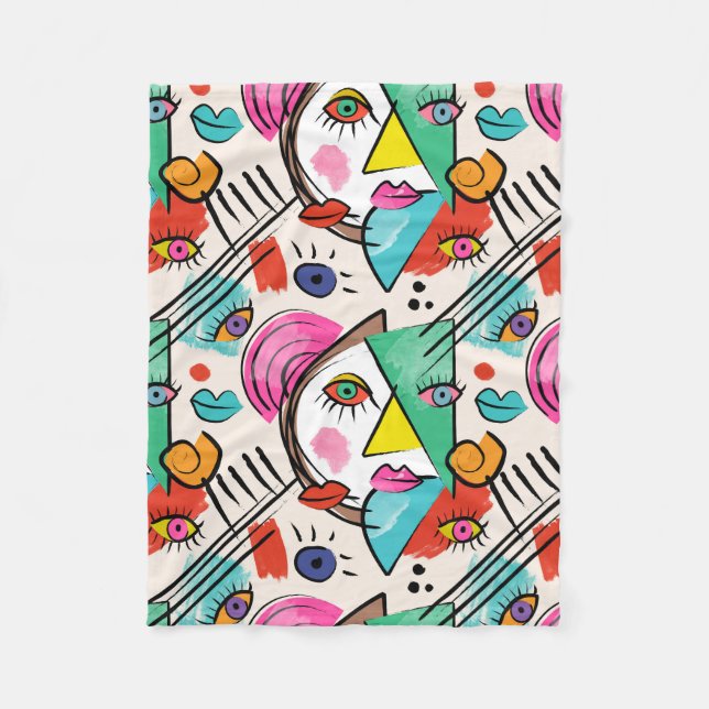 Modern Cubism Abstract Artsy Female Faces Fleece Blanket (Front)