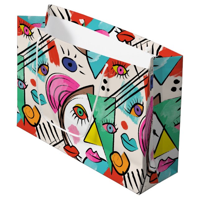 Modern Cubism Abstract Artsy Female Faces Large Gift Bag (Front Angled)