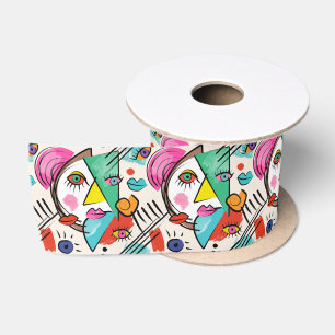 Modern Cubism Abstract Artsy Female Faces Satin Ribbon