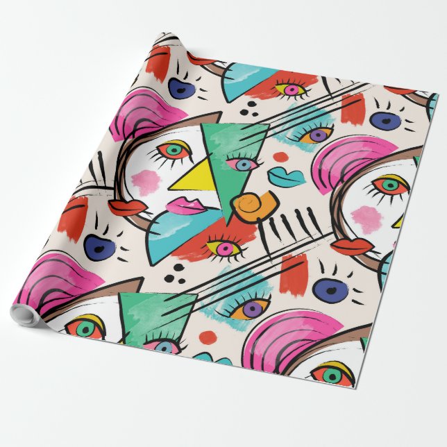 Modern Cubism Abstract Artsy Female Faces Wrapping Paper (Unrolled)