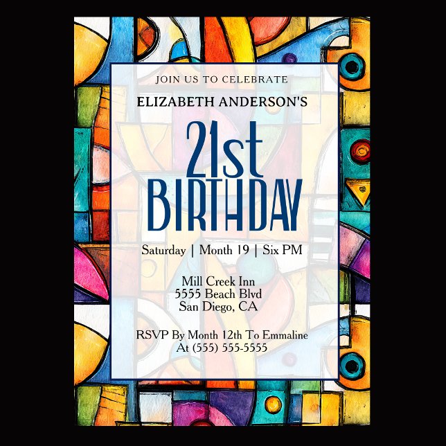 Modern Cubist 21st Birthday Invitation (Modern colorful abstract 21st birthday invitation for elegant milestone celebration
)