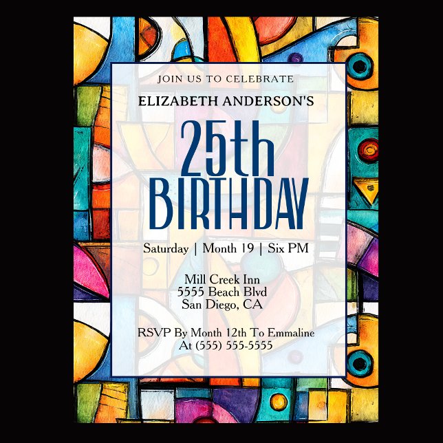 Modern Cubist 25th Birthday Invitation (Modern colorful abstract 25th birthday invitation for elegant milestone celebration
)