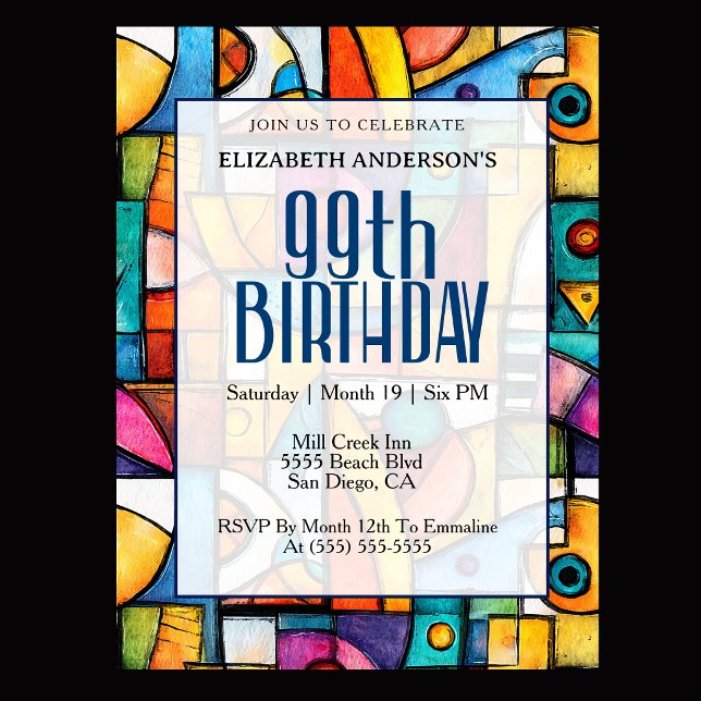 Modern Cubist 99th Birthday Invitation (Modern colorful abstract 99th birthday invitation for elegant milestone celebration
)