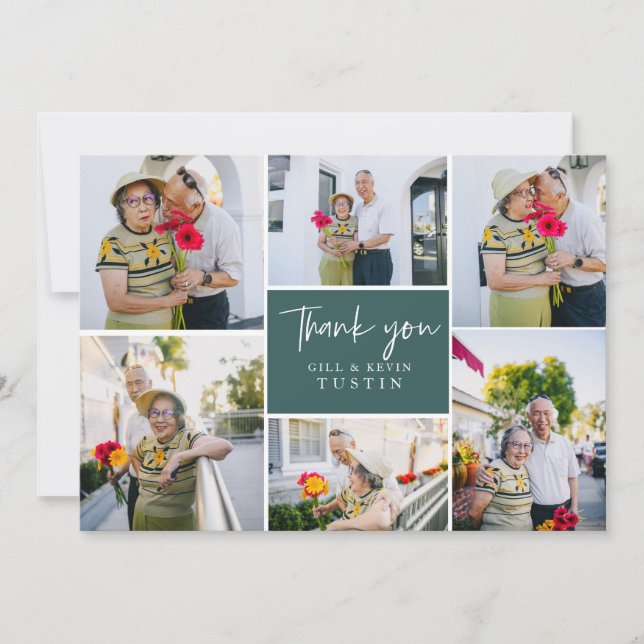 Modern Cursive Handwriting Wedding Photo Collage Thank You Card (Front)