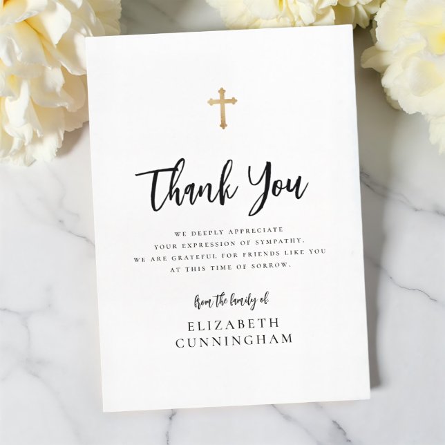 Modern Cursive Script Calligraphy Cross Memorial Thank You Card (Creator Uploaded)