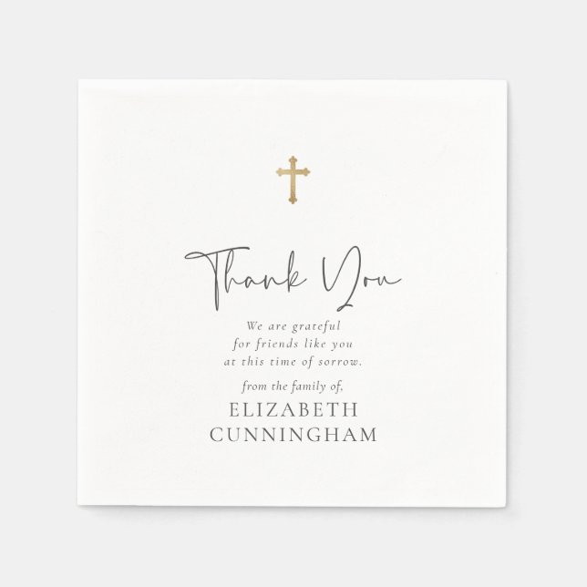 Modern Cursive Script Faux Gold Cross Memorial Napkin (Front)