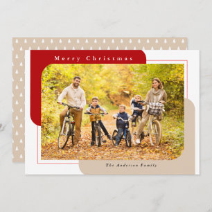 Modern Curved Photo Red and Tan Merry Christmas Holiday Card