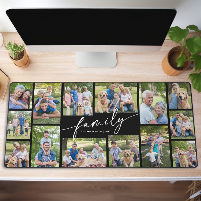 Modern Custom 14 Photo Collage Family Script  Desk Mat (Creator Uploaded)