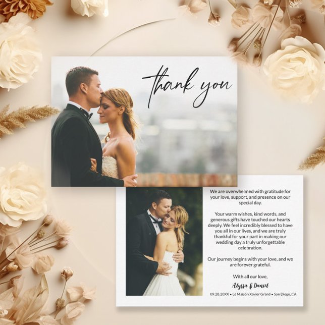 Modern Custom 2 Wedding Photos Simple Thank You Card (Modern 2 wedding photo horizontal thank you cards.)