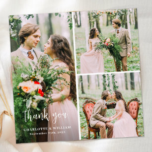 Modern Custom 3 Photo Simple Minimalist Wedding Thank You Card