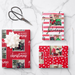 Modern Custom 4 Photo Pet Dog Holiday Red Wrapping Paper Sheet