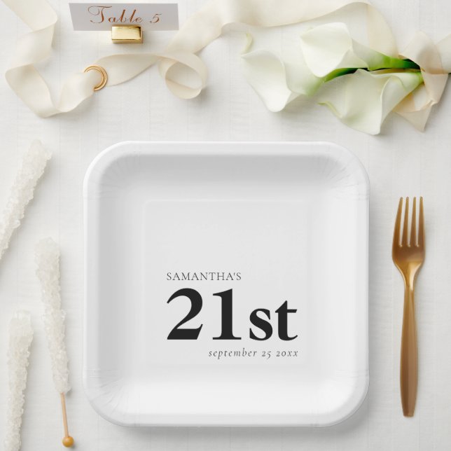 Modern Custom Any Colour 21st Name Date Paper Plate (Wedding)