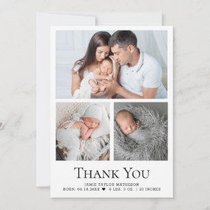 Modern Custom Baby 3 Photos Birth Stats Thank You Card