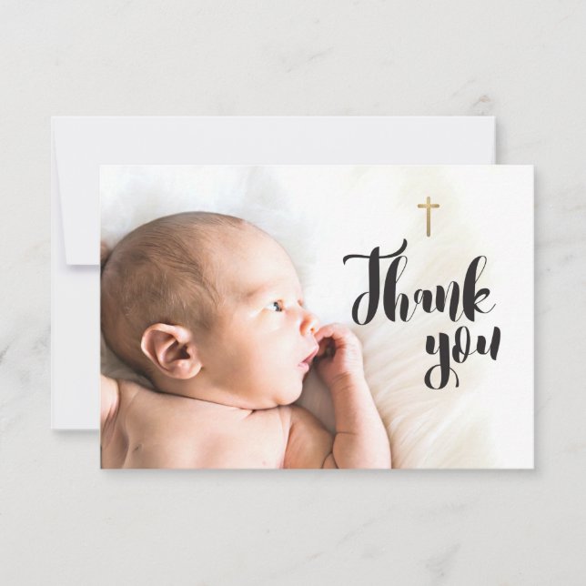 Modern Custom Baby Boy Photo Gold Cross Thank You Card (Front)