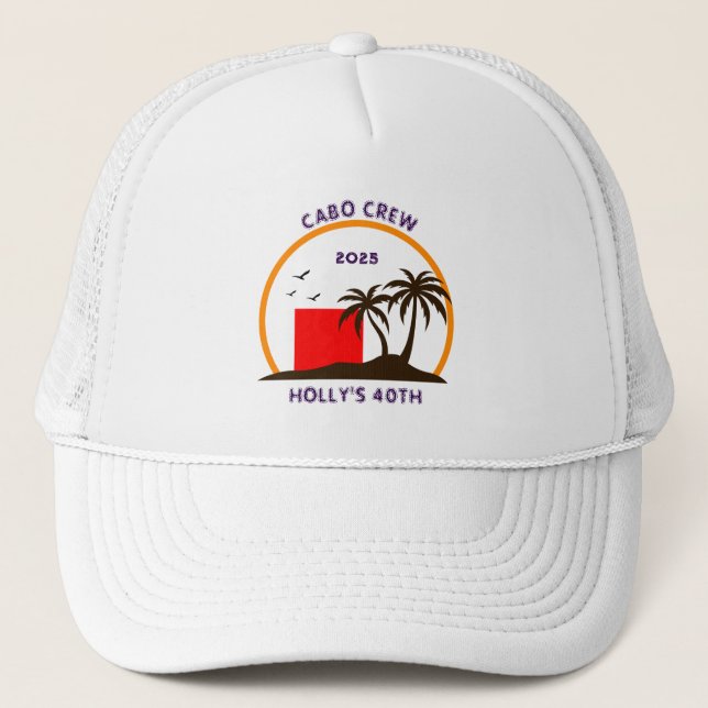 Modern Custom Beach Gift Birthday Crew  Trucker Hat (Front)