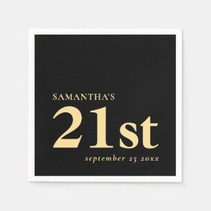 Modern Custom Black Gold 21st Name Date Napkin