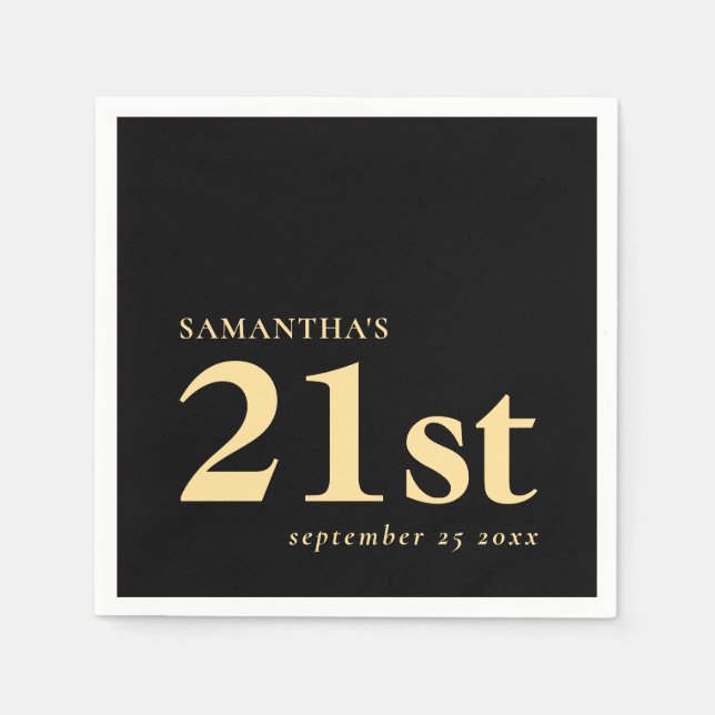 Modern Custom Black Gold 21st Name Date Napkin (Front)