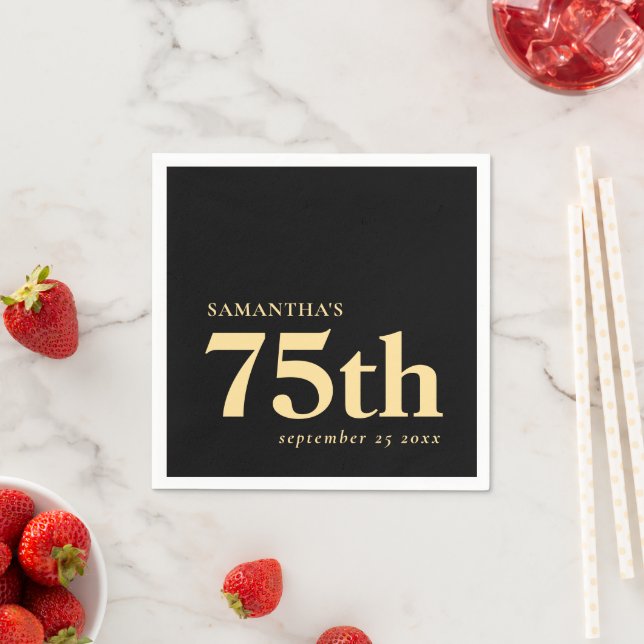Modern Custom Black Gold 75th Name Date  Napkin (Insitu)