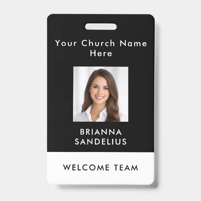 Modern Custom Black Photo ID Church Volunteer Badge (Front)