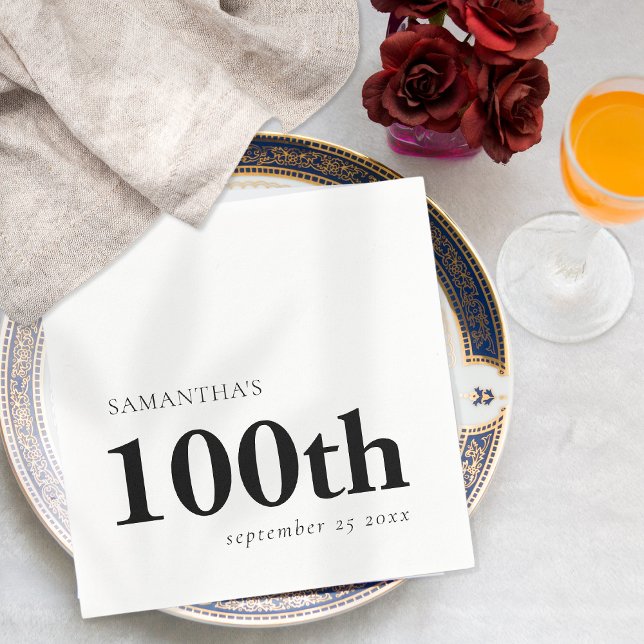 Modern Custom Black Text 100th Name Date  Napkin (Creator Uploaded)
