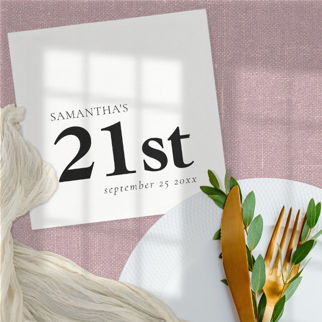 Modern Custom Black Text 21st Name Date Napkin (Creator Uploaded)