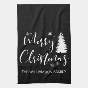 Modern Custom Black White Tree Merry Christmas Tea Towel