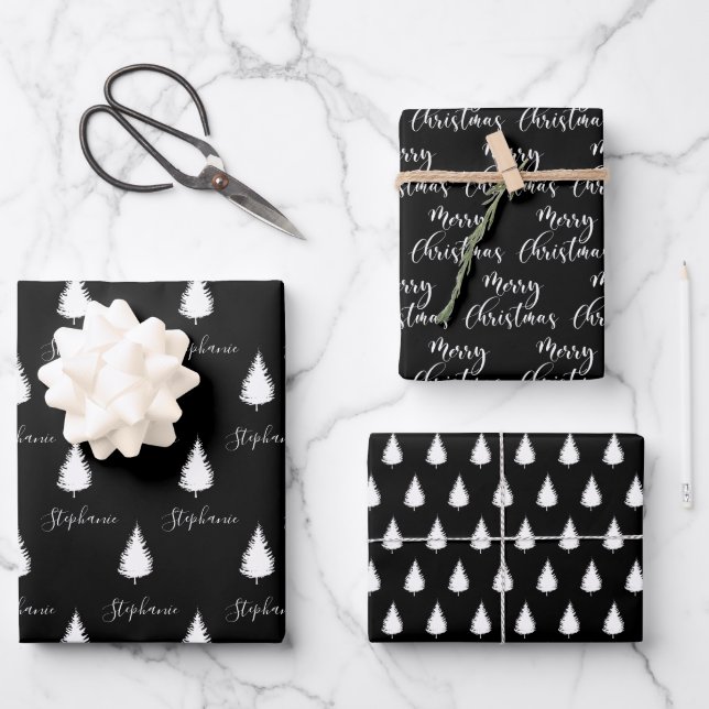 Modern Custom Black White Tree Merry Christmas Wrapping Paper Sheet (Front)