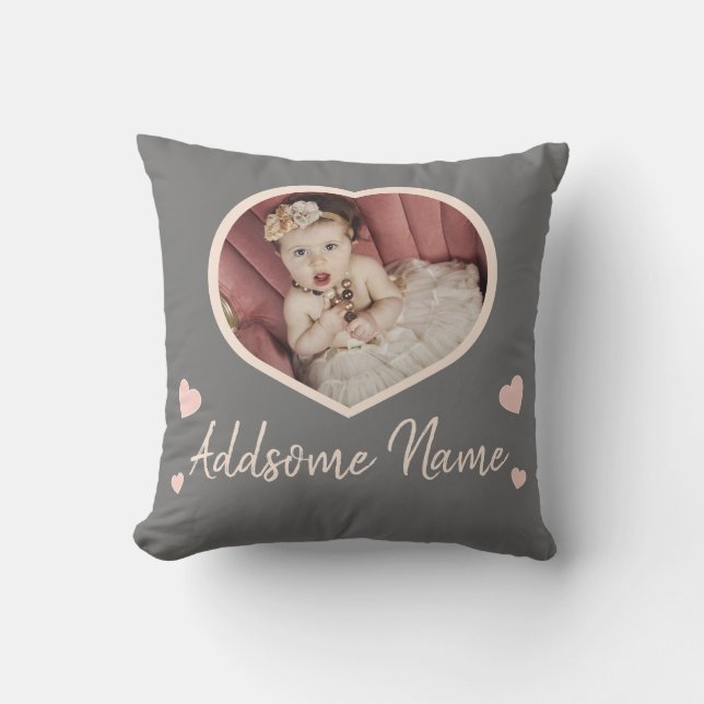 Modern Custom Blush Pink Grey Baby Photo Heart  Cushion (Front)