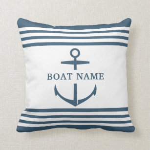 Modern Custom Boat Name Dusty Blue Anchor Nautical Cushion