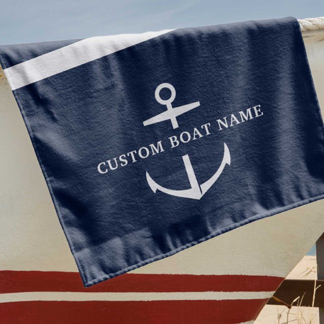 Modern Custom Boat Name Nautical Anchor Beach Towel (Creator Uploaded)