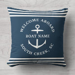 Modern Custom Boat Name Welcome Aboard Anchor Cushion<br><div class="desc">Modern minimalist custom boat name throw pillow in dusty blue with nautical stripes and anchor reading WELCOME ABOARD as well as name of marina,  dock,  yacht club,  or city.</div>