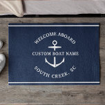 Modern Custom Boat Name Welcome Aboard Anchor Doormat<br><div class="desc">Nautical boating doormat in navy blue reading "welcome aboard" as well as your custom boat name and location.</div>