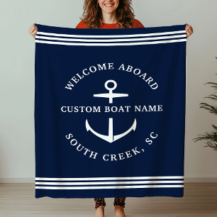 Modern Custom Boat Name Welcome Aboard Nautical Fleece Blanket