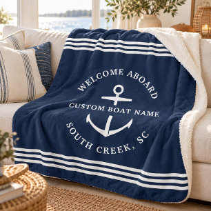 Modern Custom Boat Name Welcome Aboard Nautical Sherpa Blanket