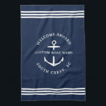 Modern Custom Boat Name Welcome Aboard Nautical Tea Towel<br><div class="desc">Nautical boating kitchen towels  in navy blue reading "welcome aboard" as well as your custom boat name and location.</div>