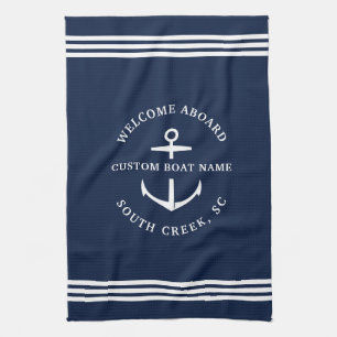 Modern Custom Boat Name Welcome Aboard Nautical Tea Towel