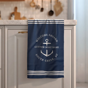 Modern Custom Boat Name Welcome Aboard Nautical Tea Towel