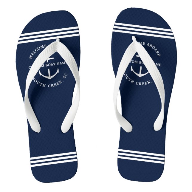 Modern Custom Boat Name Welcome Aboard Nautical Thongs (Footbed)
