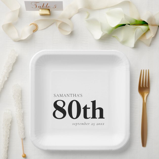 Modern Custom Bold Black Text 80th Name Date  Paper Plate (Wedding)