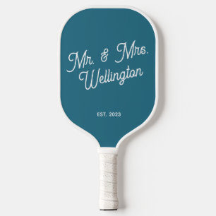 Modern Custom Color Teal Script Wedding Couple  Pickleball Paddle