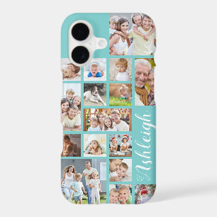 Modern Custom Colour 16 Photo Collage Aqua Teal