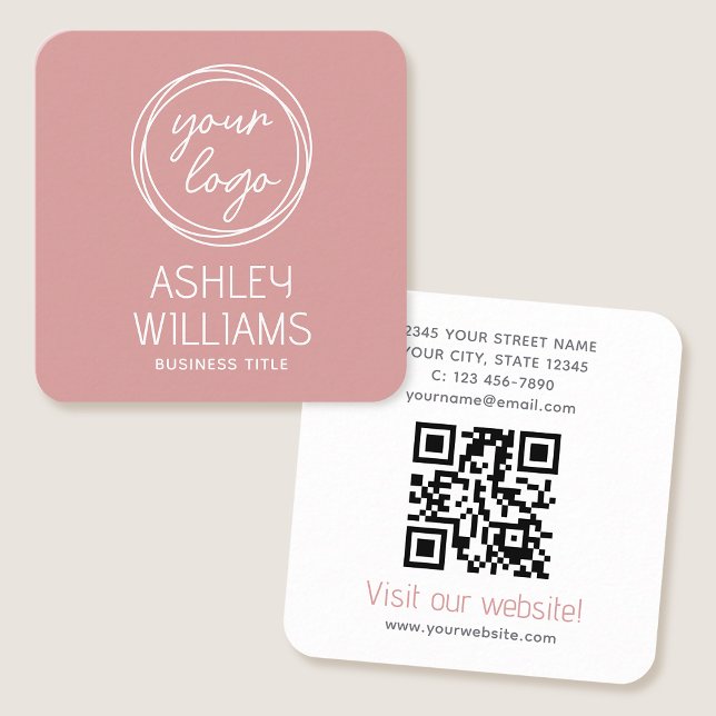 Modern Custom Company Logo QR Code Elegant Pink Square Business Card (Creator Uploaded)