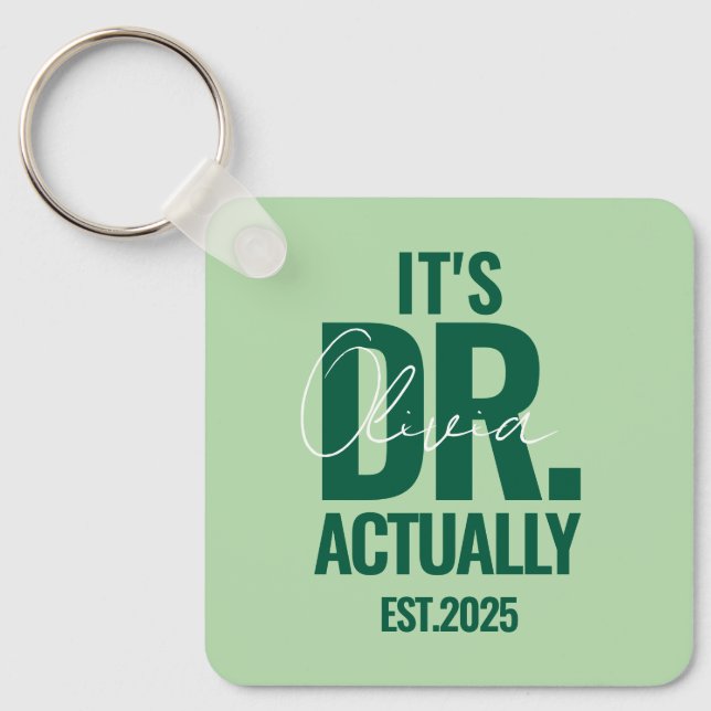 Modern Custom Dr. Name Date Dark Green Button Key Ring (Front)