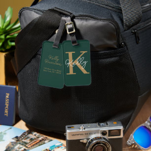 Modern Custom Emerald Green Gold Monogram Script Luggage Tag